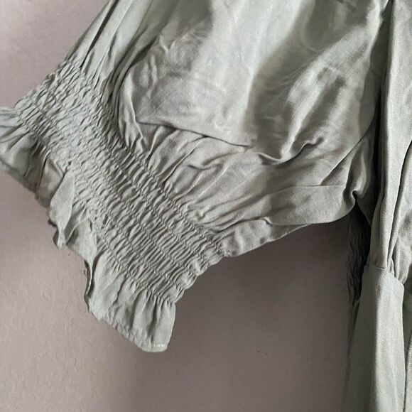 SO Junior’s Green Cropped Tie Front Puff Sleeve Blouse Top Shirred Back XL - Picture 5 of 7